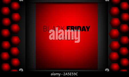 Black Friday vector design. Black background with red hexagons. Elegant confetti decor, long panoramic banner layout template Stock Vector