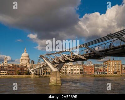 St Paul's Cathedral and Millennium Bridge  over River Thames, London, UK. Stock Photo