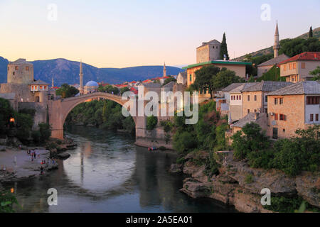 Bosnia and Herzegovina, Mostar, Old Bridge, Neretva River, skyline, panorama, Stock Photo