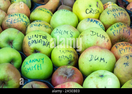 Selection of apples with names written on them UK Stock Photo