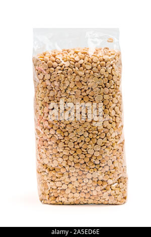 Transparent plastic package of dry raw peas crop isolated on white background with clipping path Stock Photo