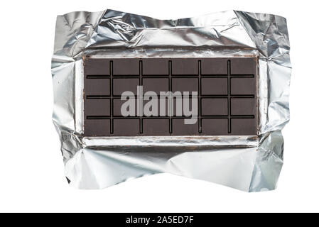 Top view chocolate bar at foil isolated on white with clipping path Stock Photo
