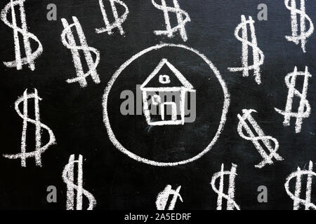 Loan and property investment. Chalk drawn house and dollar signs. Stock Photo