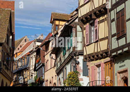 RIQUEWIHR, FRANCE, October 13, 2019 : Old half-timbered house. Popular tourist attraction for its historical architecture, Riquewihr is also known for Stock Photo