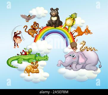 Many wild animals over the rainbow illustration Stock Vector