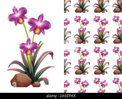 Seamless background design with purple orchid flowers illustration Stock Vector