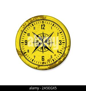 Grunge yellow circle board frame with clock isolated on white background Stock Vector