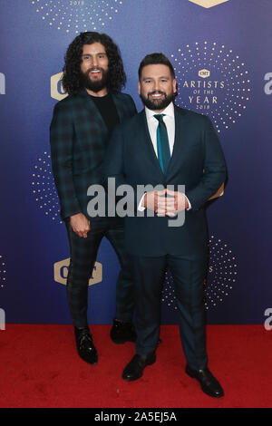 Dan Smyers (L) and Shay Mooney of Dan + Shay attend the 2019 CMT Artists of the Year at Schermerhorn Symphony Center on October 16, 2019 in Nashville. Stock Photo