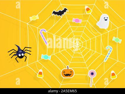 Halloween background with place for your  text. Vector frame with colorful candy, spiders, cobwebs, pumpkin, bats, ghost. Trick or treat concept. Stock Vector