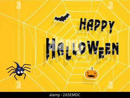 Happy halloween background with text, hanging black spiders, cobwebs, pumpkin flying bats and Flying ghost spirit. Vector illustration flat design. Stock Vector