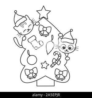 cute cartoon black and white christmas tree with cats funny vector holidays illustration for coloring art Stock Vector