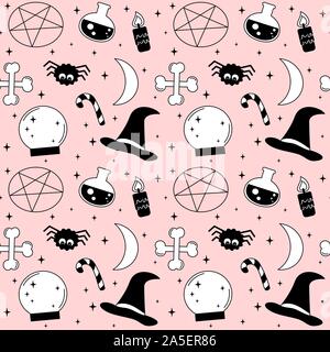 cartoon pink, black and white holidays seamless vector pattern background illustration with halloween elements: witch hat, spider, bones, moon, stars, Stock Vector