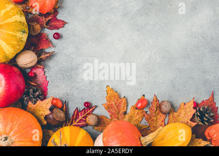 Thanksgiving or autumn background. Fall composition with pumpkins, fallen leaves, dry flowers, berries and nuts on concrete table. Flat lay, top view, Stock Photo