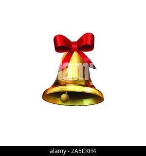 Vector illustration of shiny golden Christmas bell decorated with red bow Stock Vector