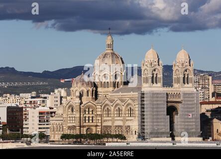 Marseille, France. 15th Oct, 2019. The cathedral of Sainte-Marie-Majeure is seen from Pharo Palace in Marseille, France, Oct. 15, 2019. Marseille, an important port city of France, is located on the Mediterranean coast near the mouth of the Rhone. Credit: Gao Jing/Xinhua/Alamy Live News Stock Photo