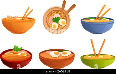 Ramen icons set. Cartoon set of ramen vector icons for web design Stock Vector