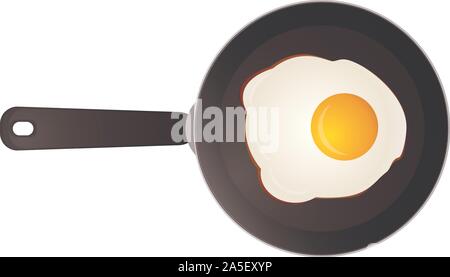 Vector illustration of cooking one sunny side fried egg on skillet frying pan, elevated top view, directly above Stock Vector