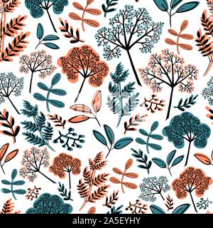 Seamless pattern of a selection of blue, teal and orange clusters of berries,branches, leaves and sprigs. Autumn seasonal colors. Perfect for wrapping Stock Vector