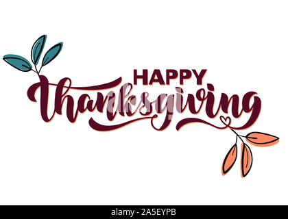 Simple minimalistic banner saying Happy Thanksgiving with teal and orange leaf elements. Combination of brush lettering and thick sans serif hand Stock Vector