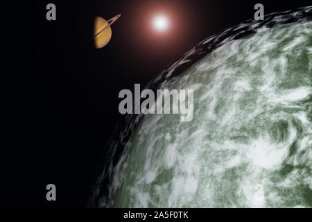 Saturn's terraformed moon. Sci Fi art Stock Photo