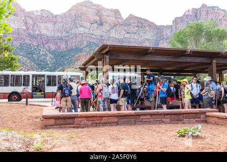 Springdale, USA - August 6, 2019: Zion National Park at transportation shuttle bus stop visitor center in summer with crowd of many people waiting in Stock Photo