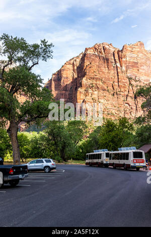 Springdale, USA - August 6, 2019: Zion National Park parking lot road in Utah with shuttle bus driving providing public transportation in summer Stock Photo