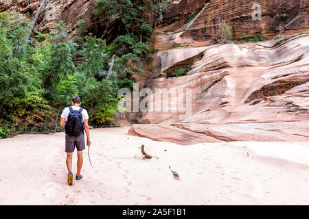 Zion National Park in Utah on Gifford Canyon trail sand and red rock formations with man hiker walking with backpack in summer Stock Photo