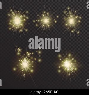 Set of golden flashes of light with sparks on a translucent background. Set of golden bright beautiful stars with, highlights and light effects. Stock Vector