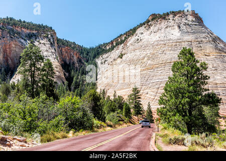 Springdale, USA - August 8, 2019: Light white rock cliffs formation called Checkerboard mesa and road highway with cars on summer day in Zion National Stock Photo