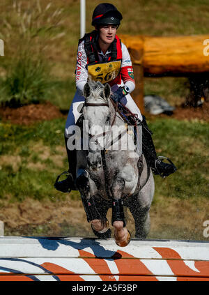 October 19, 2019, Fair Hill, MD, USA: October 20, 2019 : Grace Emmett (CAN) and Yahya clear an obstacle during the Cross Country Test at the Fair Hill International 3-Day Event at the Fair Hill Natural Resources Area in Fair Hill, Maryland. This is the final year of a 31-year run of the event at this location. In 2020, the event moves to a new facility in the Fair Hill area and will eventually be upgraded to one of two CCI 5* events in the United States. Scott Serio/Eclipse Sportswire/CSM Stock Photo