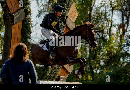 October 19, 2019, Fair Hill, MD, USA: October 20, 2019 : Waylon Roberts (CAN) and Lancaster clear an obstacle during the 4* Cross Country Test at the Fair Hill International 3-Day Event at the Fair Hill Natural Resources Area in Fair Hill, Maryland. This is the final year of a 31-year run of the event at this location. In 2020, the event moves to a new facility in the Fair Hill area and will eventually be upgraded to one of two CCI 5* events in the United States. Scott Serio/Eclipse Sportswire/CSM Stock Photo