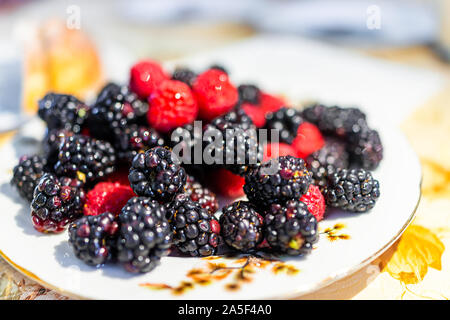 Closeup plate of raspberries and blackberries berries on table in as party setting serving harvested healthy fruit showing texture Stock Photo