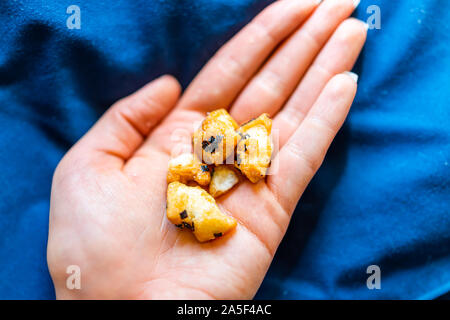 Japanese snack food on airplane flight with macro closeup of hand holding salty nori rice crackers Stock Photo