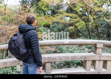 Tokyo, Japan Meiji shrine during spring with tourist person man standing looking at view from stone bridge in park Stock Photo