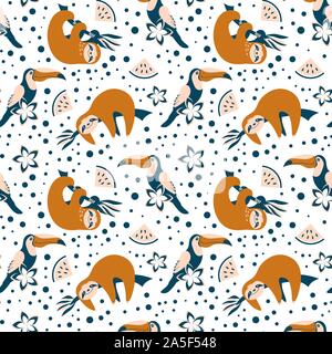 Seamless pattern with cute sloths, toucans and watermelon on white background. Exotic print in trendy scandinvian colors. Vector illustration. Stock Vector