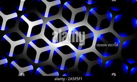 The hexagon vector background is dark gray with light blue and overlapping Stock Vector