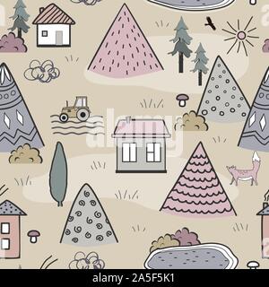 Cute doodle seamless pattern with cartoon houses, trees and mountains. Design for kids textile, floor mats, or wallpapers. Autumn line art landscape Stock Vector