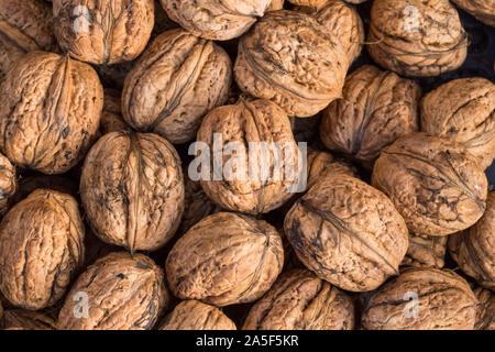 Walnuts. Whole walnuts background. Many walnuts close-up. Walnut texture. Stock Photo
