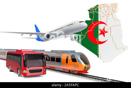 Passenger transportation in Algeria by buses, trains and airplanes, concept. 3D rendering isolated on white background Stock Photo