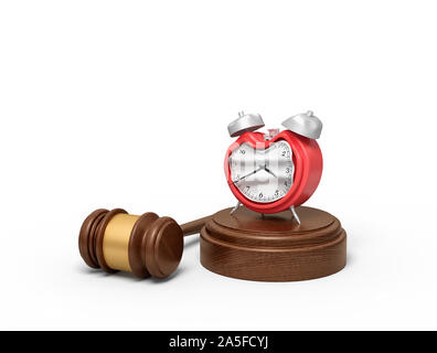 3d rendering of smashed broken alarn clock on round wooden block and brown wooden gavel Stock Photo