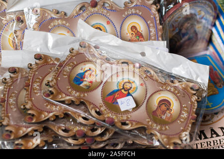 Bucovina, Romania, 15 September 2019 - Romanian souvenirs. Traditional clothing and accessories inside Romanian showroom souvenir shop in Bucovina Stock Photo