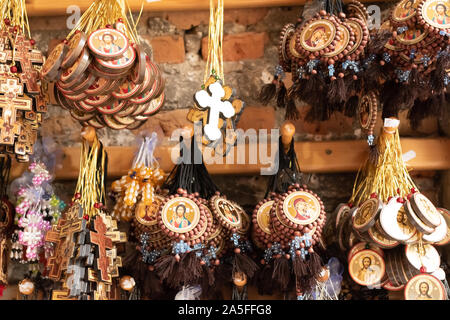 Bucovina, Romania, 15 September 2019 - Romanian souvenirs. Traditional clothing and accessories inside Romanian showroom souvenir shop in Bucovina Stock Photo