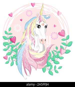 beautiful unicorn card, unicorn head inside a frame of hearts Stock Vector