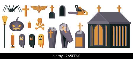 Horror symbols flat vector illustrations set. Scary items collection, halloween holiday themed icons pack. Jack lantern, witch broomstick, spooky ghosts, tombstones, creepy spider and chainsaw Stock Vector