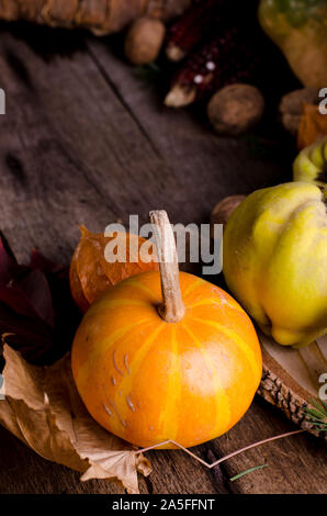 Dark moody rural still life with bright orange pumpkins, ripe sunflower, physalis and colored autumn leaves. Autumnal composition on a old wooden surf Stock Photo