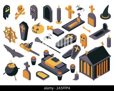 Halloween symbols isometric vector illustrations set. Haunted cemetery design elements, autumn holiday 3d icons pack. Various gravestones, coffins, witch items, crypt, jack lantern and chainsaw Stock Vector