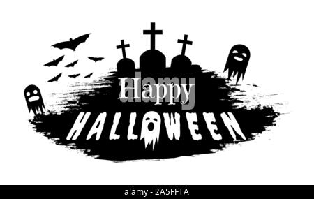 Haunted cemetery silhouette vector illustration. Seasonal holiday greeting card design element, grunge banner concept. Black and white ghosts and gravestones with happy halloween typography Stock Vector