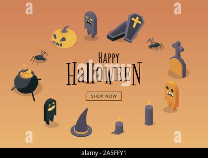 Happy halloween sale web banner template. Traditional shopping event promotion, seasonal wholesale advertisement layout. Internet shop landing page design with isometric icons and typography Stock Vector