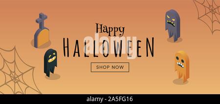 Holiday shopping sale web banner template. Happy halloween landing page concept, traditional fall season discounts promotion. Spooky ghosts and tombstone isometric illustration with typography Stock Vector