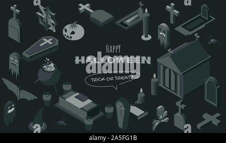 Halloween symbols isometric vector illustrations set. Haunted graveyard monochrome design elements, creepy 3d icons pack. Spooky tombstones, caskets, witch accessories, crypt and jack lantern Stock Vector